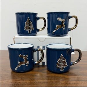 NWT Festive Dark Blue Mugs with Reindeer and Tree Design set of 4